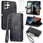 Asuwish Phone Case for Samsung Galaxy S23 Ultra 5G Wallet Cover with Tempered Glass Screen Protector and Flip Zipper Credit Card Holder Stand Cell S23Ultra 23S S 23 23Ultra 6.8 inch Women Men Black