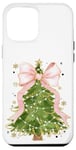 Coque pour iPhone 12 Pro Max Coquette rose avec nœud en ruban et sapin de Noël vert pour fille