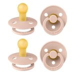 BIBS Colour Soother 4-Pack, BPA Free Dummy Pacifier, Round Nipple. Natural Rubber Latex, Made in Denmark, Size 1 (0-6 Months), Blush