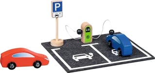 goki PowerLoad 55842 Lot de 5 Stations de Charge électriques en Bois et Feutre avec 2 Voitures électriques et Boules magnétiques, éveille la créativité des Enfants, Montre de manière ludique Le