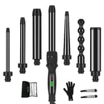 7 In1 Curling Wand Iron Set, PARWIN PRO BEAUTY Hair Curling Wands for Long Short Hair, Hair Curlers Wand with 7 Ceramic Barrels, LCD Display, Heat Resistant Glove, Dual Voltage Good for Travel