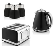 Swan Retro Black Jug Kettle 4 Slice Toaster & Tea Coffee & Sugar Canisters Set