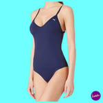 PUMA Women's Swimsuit, Cross Back, V Neckline, Navy, M