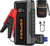 AsperX Booster Batterie Voiture 2000A, Chargeur Batterie Voiture 12V Portable (Jusqu’à 8,0L Gaz ou 6,5L Gazole), Démarreur Batterie Voiture avec Lampe LED et Ecran LCD de 1,4 Pouces