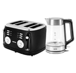 GEEPAS 4 Slice Bread Toaster & 1.7L Illuminating  Glass Kettle Combo Set Black