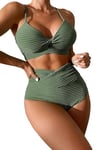 GORGLITTER Women's Twist Front Bikini Set Swimsuit High Waisted 2 Piece Wrap Bathing Suit Swimwear Oliver Green M