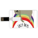 64G USB Flash Drives Credit Card Shape Sloth Memory Stick Bank Card Style Lazy Days Phrase with Carefree Sloth Figure on Rainbow Happiness Relaxation Theme,Multicolor Waterproof Pen Thumb Lovely Jump