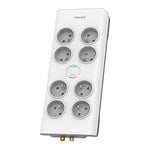 Philips Multiprise 8 Voies SPN7081WA/19-230V - Blanc - Protection de l'Alimentation 900 Joule - Cordon d'alimentation 2 Mètres - Connexions Coaxiales - Mise à la Terre à Broche