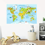 Stickers adhésifs Enfants | Sticker Autocollant Carte du Monde - Décoration murale chambres Enfants | 60 x 90 cm