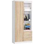 Akord - Bibliothèque de bureau R11 Blanche 80 cm 1 porte 2 tiroirs façade Chêne Sonoma 7 étagères 80x35x180 cm