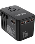 LENCENT 75W GaN Adaptateur Voyage Prise Universelle électrique 3 PD3,0 Type C+2 QC USB A Charge Rapide Chargeur International Mondial vers UK USA AUS Canada Chine Mexique Thaïlande Noir