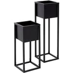 Set 2 Supports de Plantes Différentes Hauteurs, Noir, 21x 50/21x70 cm, Pot de Fleurs Herbes Aromatiques avec Jardinière, en Métal, Robuste et