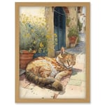 Cat Sunbathing in Mediterranean Village Street Watercolour Illustration Artwork Framed Wall Art Print A4