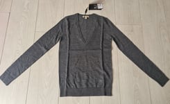 NEW BURBERRY BRIT MID GREY MELANGE MERINO WOOL V NECK WOMENS SWEATER SIZE XS