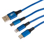 Maplin 3 in 1 Lightning & Micro USB & USB-C to USB-A Braided Cable Blue, for iPhones 15,14,13,12,11, iPad Air/Mini, iPad, Android phones inc Samsung S7/S6/S5, Sony, Huawei, PS4, HTC, Kindle, Cameras