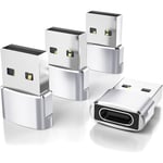 USB till USB-C Adapter 4-pack, Typ C Hona till A Hane Laddningskabelkonverterare för Apple iWatch 8 7, Mac, iPhone 12 13 14 15 Max Pro, Airpods Silver 4-pack