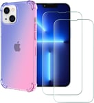 Housse Pour Apple Iphone 13 6.1 Gradient Color Tpu Case +2 Films Protection En Verre Trempé Antichoc Coque Bleu Rose