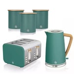 Swan Nordic 1.7L Jug Kettle 4 Slice Toaster & 3 Set Storage Canisters Set Green