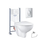 Pack WC sans bride Bau Ceramic avec abattant slim + Bâti support WC Rapid SL + plaque de commande Start chromé + dérouleur