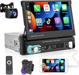 Autoradio 1 Din Compatible avec Apple Carplay Android Auto, Écran Tactile 7 Pouces Rétractable Autoradio Lecteur MP5 avec Bluetooth/Radio FM/SWC/Mirror Link/USB + AHD Caméra Arrière