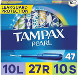 Tampax Pearl Tampons, Light/Regular/Super Absorbency w/ LeakGuard Braid 47 count