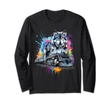 Wolf Splash Art Animal Wolf Riding Train Funny Men Women Long Sleeve T-Shirt