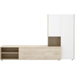 Ensemble de salon avec meuble tv + module haut en bois mélaminé coloris chêne naturel, blanc - Longueur 227 x Profondeur 40 x Hauteur 140 cm