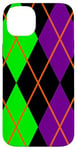 Coque pour iPhone 14 Plus Clowncore Halloween Losanges Plaid Violet Vert Clown Jester