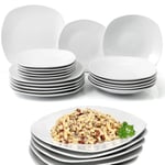 Shally Dogan Service de vaisselle de service 18 pièces en porcelaine de table pour 6 personnes, lot composé de 6 assiettes plates, 6 fonds, 6 gâteaux et fruits, design moderne lisse (blanc carré)