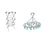 Vileda Sprint 3-Tier Clothes Airer, Indoor Clothes Drying Rack with 15 m Washing Line & JVL Oval Sock Dryer Complete with 20-Piece Clothes Pegs, Aqua, Grey, White, One Size, 19-293