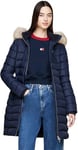 Tommy Jeans Doudoune Femme Essential Hooded Down Coat avec Fausse Fourrure, Bleu (Dark Night Navy), L