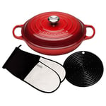 Le Creuset Signature Cast Iron Shallow Casserole with Accessories, 30 cm - Cerise