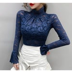 Ladies' Bottoming Shirt Cotton Lace Turtleneck Blouses Female Hollow Out Full Flare Sleeve Stretchy Suitable For Various Scenes-Dark_Blue_L