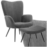 TecTake® Fauteuil Salon Confortable & Tabouret en Velours côtelé Fauteuil Scandinave Moelleux avec Accoudoirs Chaise Ergonomique pour Salle à Manger, Chambre, Siege Bureau, Allaitement Gris/Noir