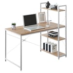 WOLTU Table de Bureau avec Rangement,120x60cm, Bureau d'ordinateur avec Étagère Réversible à 4 Niveaux, Bureau Stable et Robuste, en Bois d'Ingénierie et Métal, Blanc+Chêne Clair