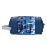 NIVEA MEN Ready to Go Gift Set (4 Products), Men's Grooming Gift Set with Shower Gel, Face Wash, and Lip Balm Plus Practical Washbag