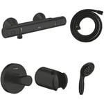 GROHE Start Shower Installation Set (Exposed Shower Thermostat, Shower Hose 1.75 m, 2 Spray Hand Shower 10 cm, Wall Holder, Robe Hook), Matt Black