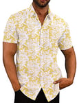 COOFANDY Short Sleeved Shirts for Men Hawaiian Shirt Summer Shirt Casual Linen Shirts Regular Fit Holiday Shirt Flower Shirt Yellow-White Leaves XXL