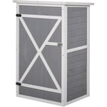 Armoire abri de jardin remise pour outils - grande porte verrouillable loquet - 2 étagères - toit bitumé incliné bois de sapin blanc gris