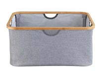 WENKO Panier de Rangement Pliable Bahari | Panier à Linge en Tissu Salle de Bain | Rebords en Bambou | Peu encombrant | Capacité 50L | Polyester - Bambou | 54x36x26 cm | Gris et Bois