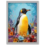 King Penguin in Colourful Floral Flowers Nest Thick Paint Oil Painting Yellow Black Blue Colourful Artwork Framed Wall Art Print A4