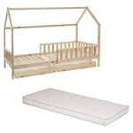 Ensemble Lit cabane avec 2 tiroirs + Matelas enfant 90x190 cm Laïba Kids