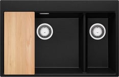 Evier Cuisine Noir Metallise 78x50cm, 1,5 bacs + Kit de Vidage + Accessoires, evier au meuble 80cm - Oslo Top Duo de Primagran