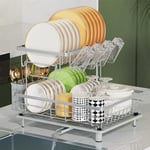 LIONONLY 2 Tier Dish Drainer Rack with Drip Tray, Detachable Large Dish drying Rack with Swivel Drainage Spout, Utensil & Cup Holder,Dish Rack for Kitchen Counter