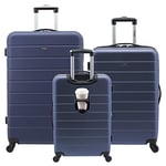 Wrangler Lot de 3 valises rigides intelligentes avec Port de Charge USB, Bleu Marine, 3 Piece Set, Ensemble de Bagages intelligents avec Porte-gobelet et Port USB