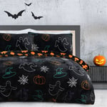 Halloween Flannel Fleece Duvet Cover Set - Spooky Ghost Black Orange, Single