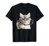 Funny bespectacled Cat with Camera for Man and Woman T-Shirt