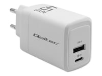 Qoltec - Strömadapter - Gan, 5-20V, 1.5-3A - 45 Watt - 3 A - Pd, Quick Charge 3.0 - 2 Utdatakontakter (Usb-C (Pd), Usb) - Vit