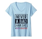 Womens Cute NEVER BAD HAIR DAY Bald & Beautiful Cancer Survivor V-Neck T-Shirt