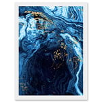 Wee Blue Coo Abstract Dark Blue Gold Flow Watercolour Modern Artwork Framed Wall Art Print A4